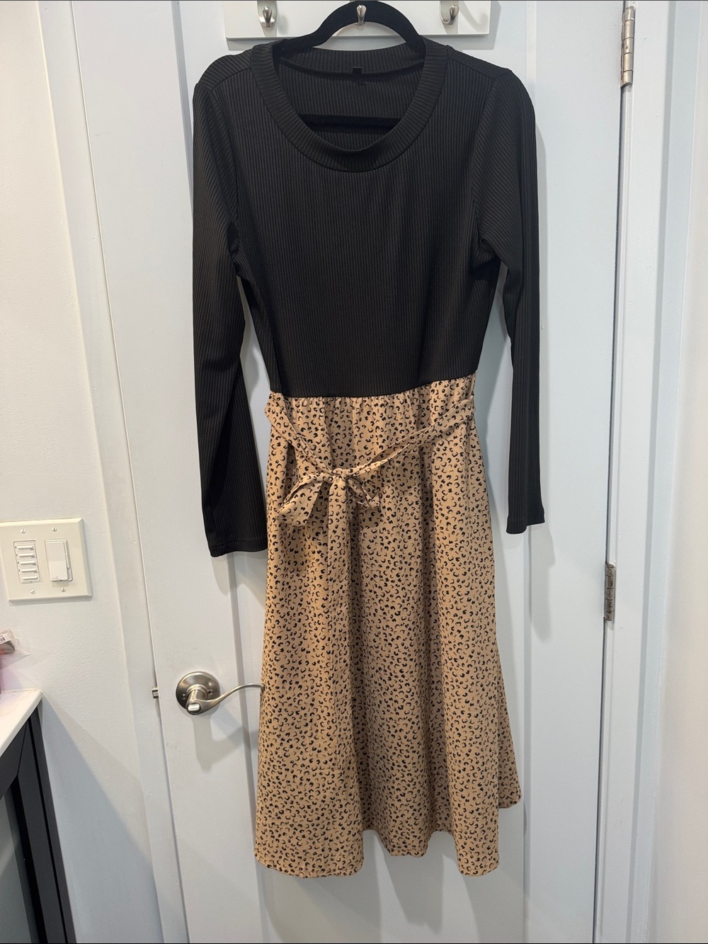 Black Ribbed Top with Beige Leopard-Print Tie-Waist Midi Dress